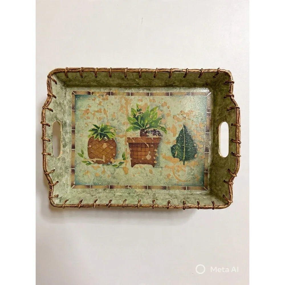 Large Decorative Serving Tray with Handles Rustic Farmhouse Plant Design